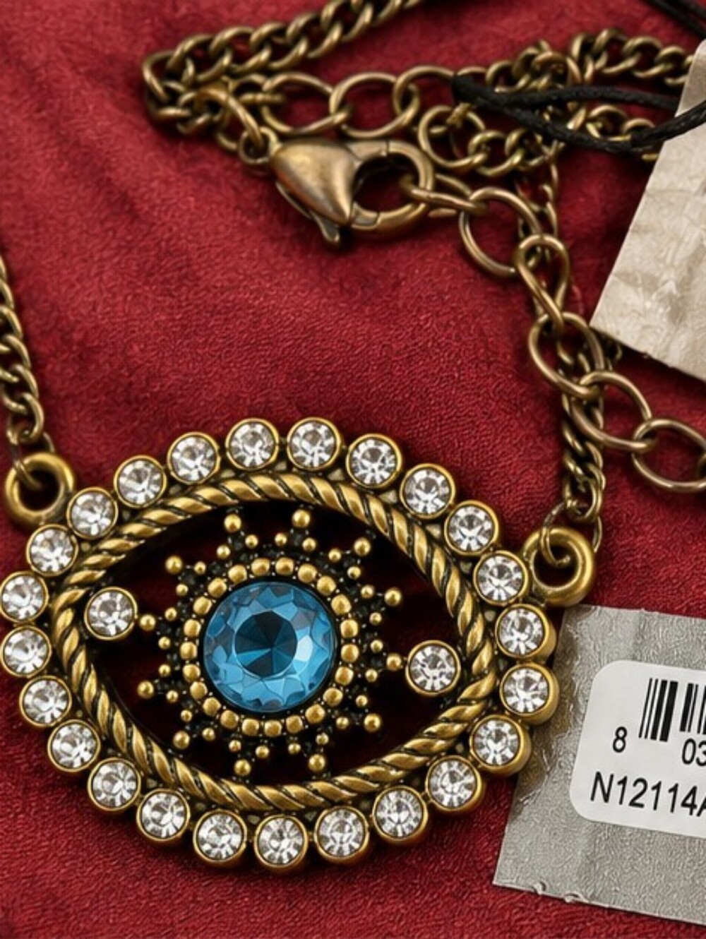 Sequin Evil Eye Crystal Bronze Necklace Blue Stone NWT Designer